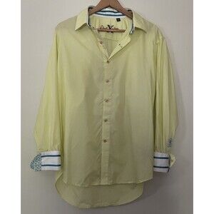 Robert Graham Flip Cuff Button Down Shirt XL Yellow Blue Stripe Pink Buttons